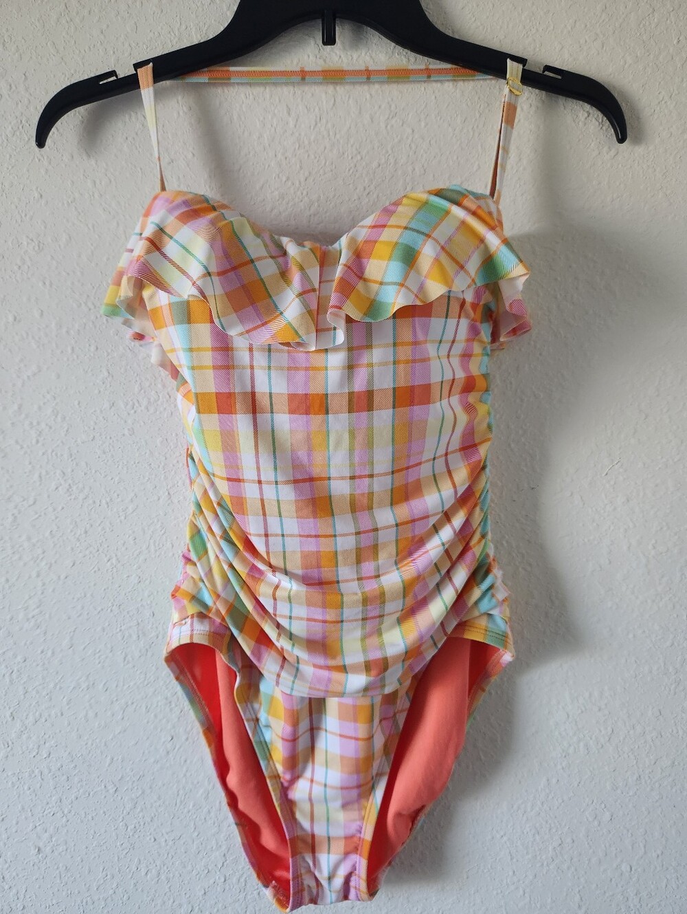 Plaid Ruffled One-Piece Swimsuit in Pastel Orange & Mint